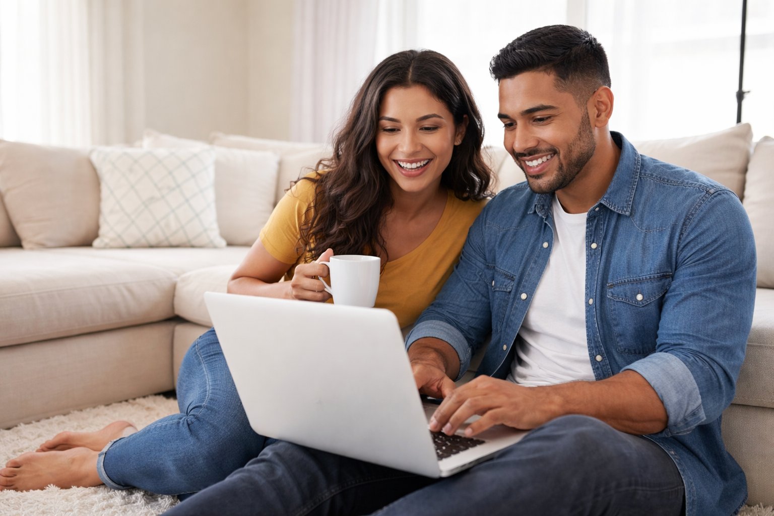 Happy couple reviewing insurance options